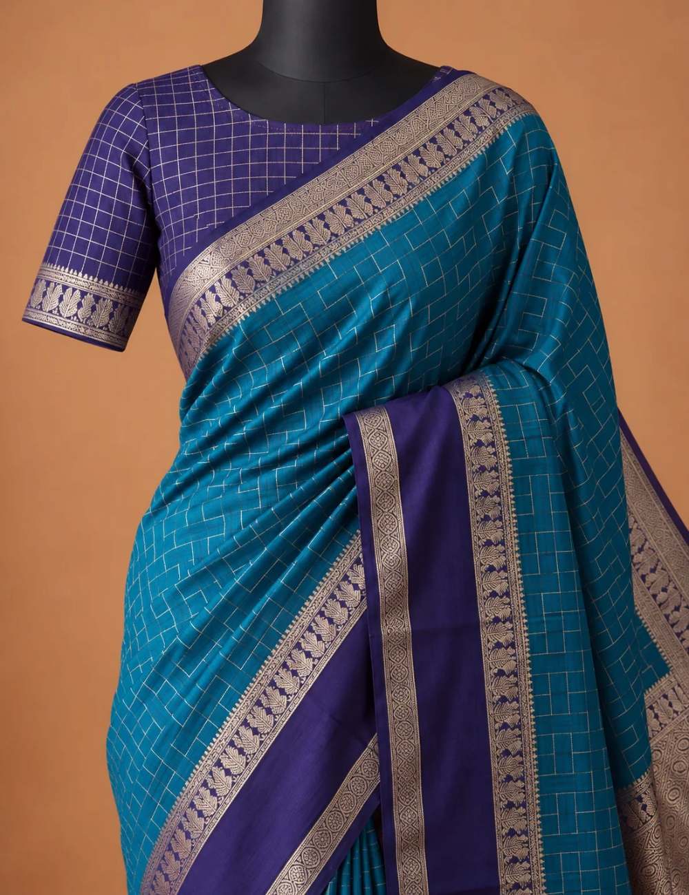 House Of Paramya azure and royal blue Mysore silk saree with geometric zari weave and silver border on a mannequin