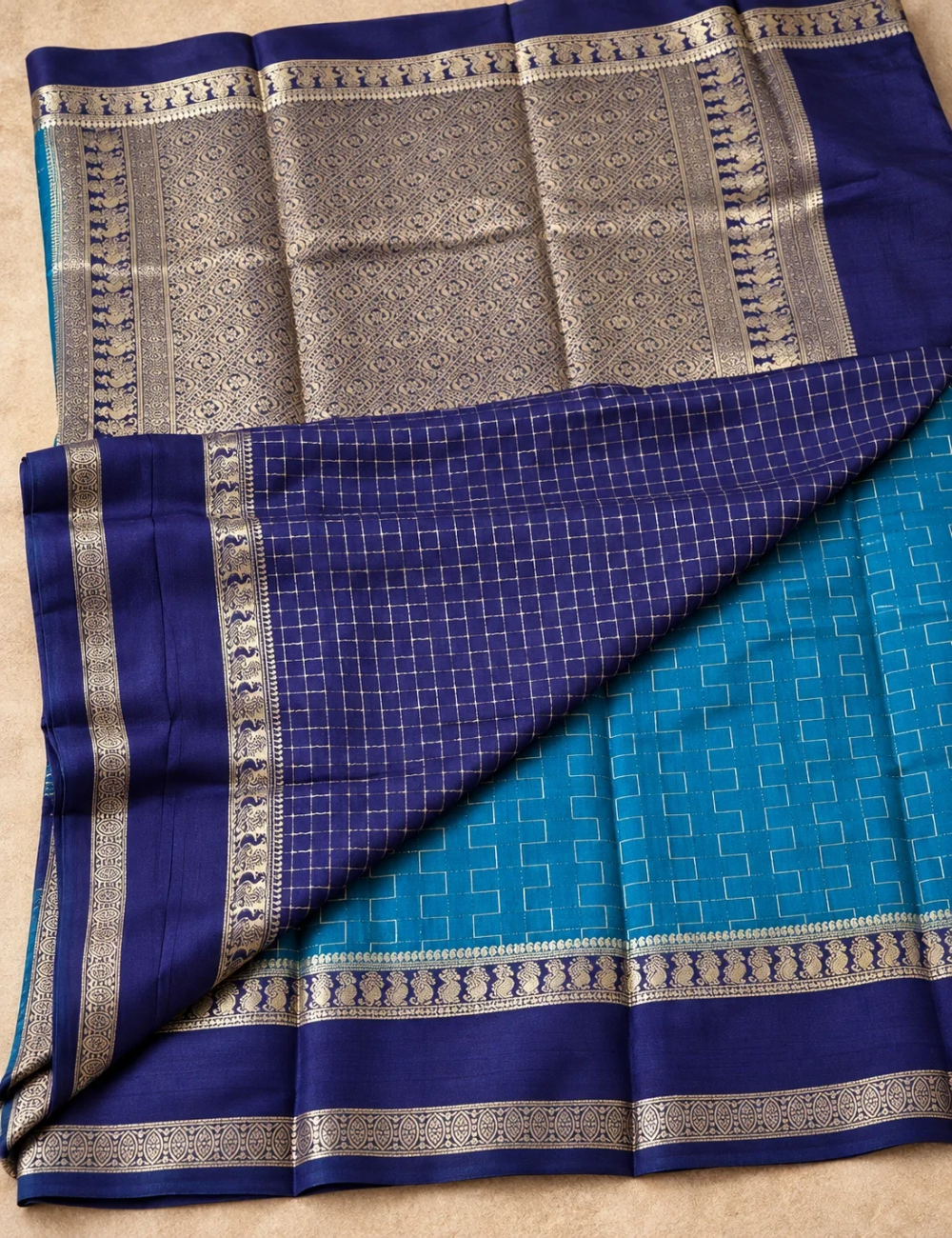 House Of Paramya azure and royal blue pure Mysore silk saree with geometric zari weave and silver border