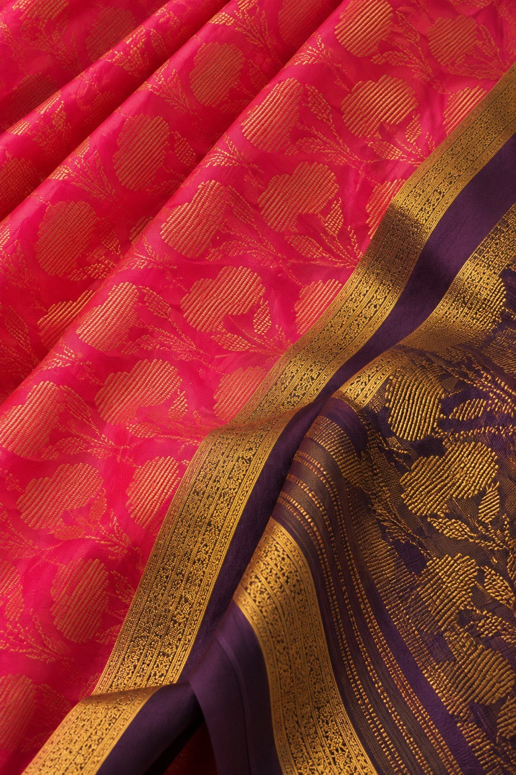 House Of Paramya Mysore silk saree in pink and purple with intricate gold zari brocade weave and deep plum border.