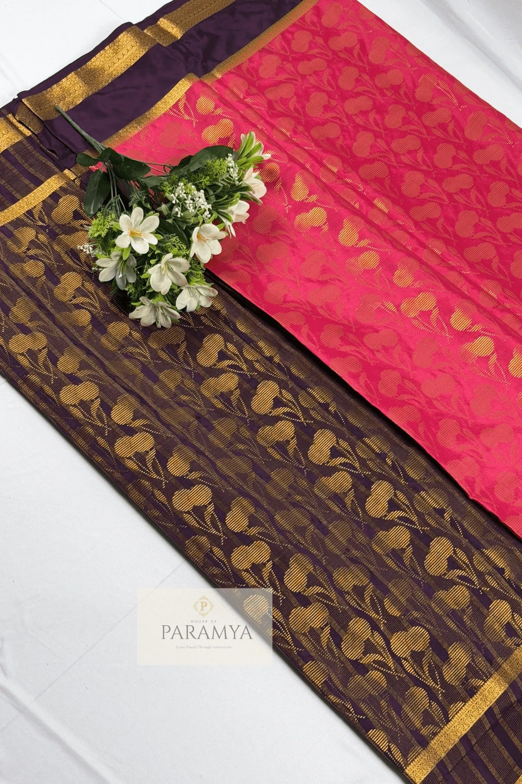 House Of Paramya Mysore silk saree in rani pink and deep purple with intricate gold zari brocade and floral motifs.