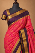 House Of Paramya Mysore silk saree in pink and purple with intricate gold zari brocade weave and deep plum border