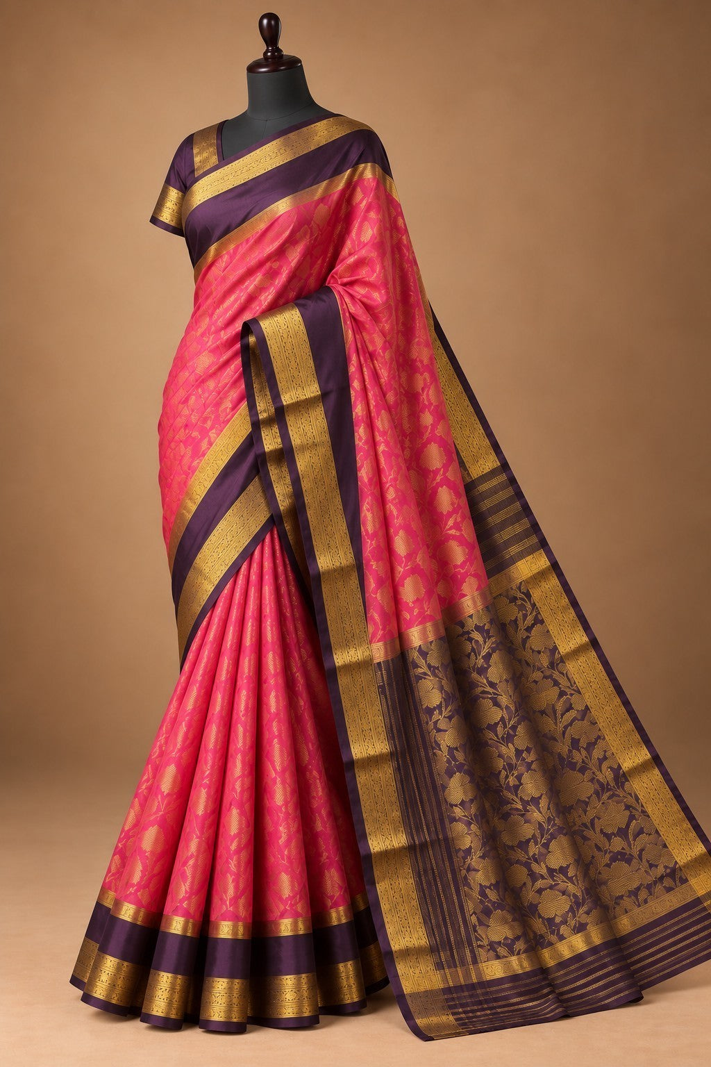 House Of Paramya pink and purple Mysore silk saree with intricate gold zari brocade weave and deep plum border