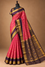 House Of Paramya Mysore silk saree in rani pink and deep purple with intricate gold zari brocade and wide border.