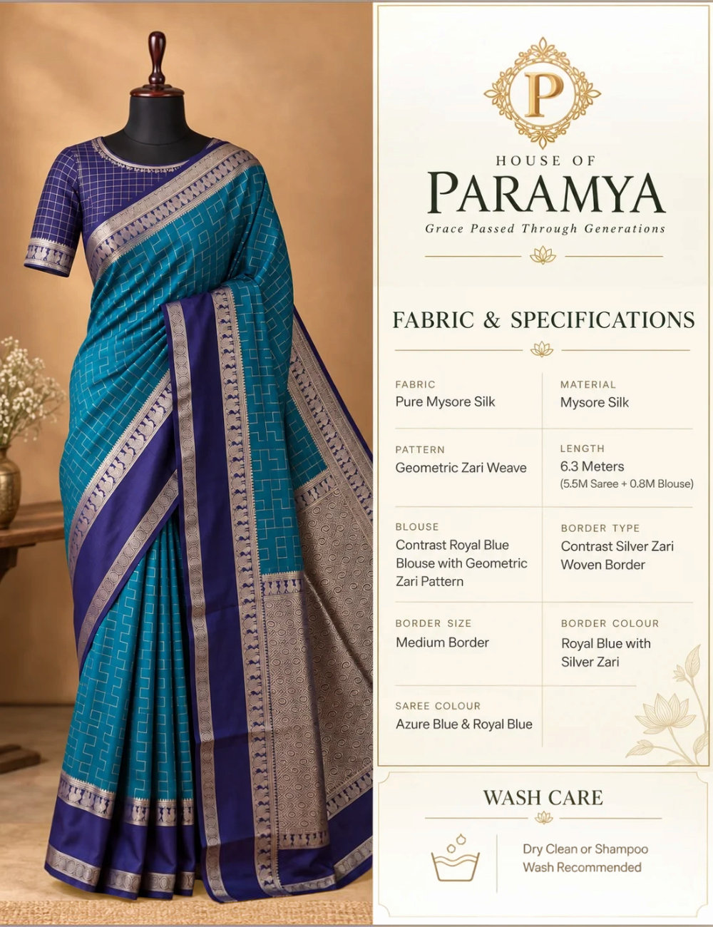 House Of Paramya azure and royal blue pure Mysore silk saree with geometric zari weave and silver border on mannequin