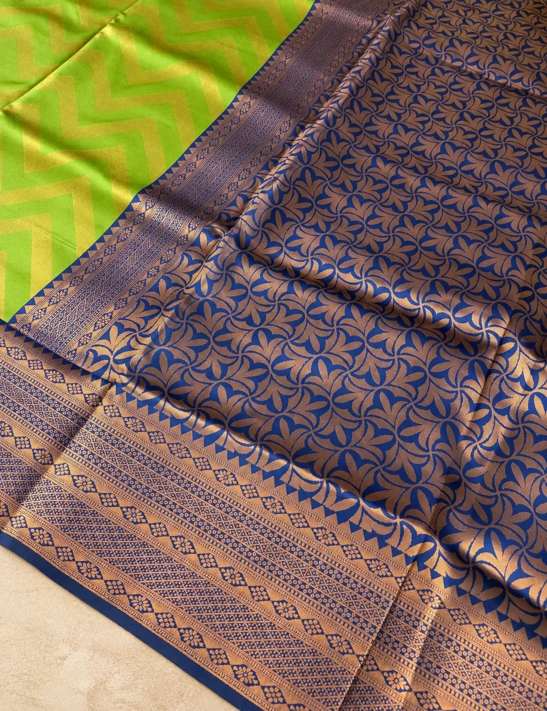 House Of Paramya navy blue semi Kanchipuram silk saree with woven leaf lattice and green chevron pallu