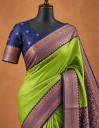 House Of Paramya navy blue and green semi Kanchipuram silk saree with woven leaf lattice and chevron pallu