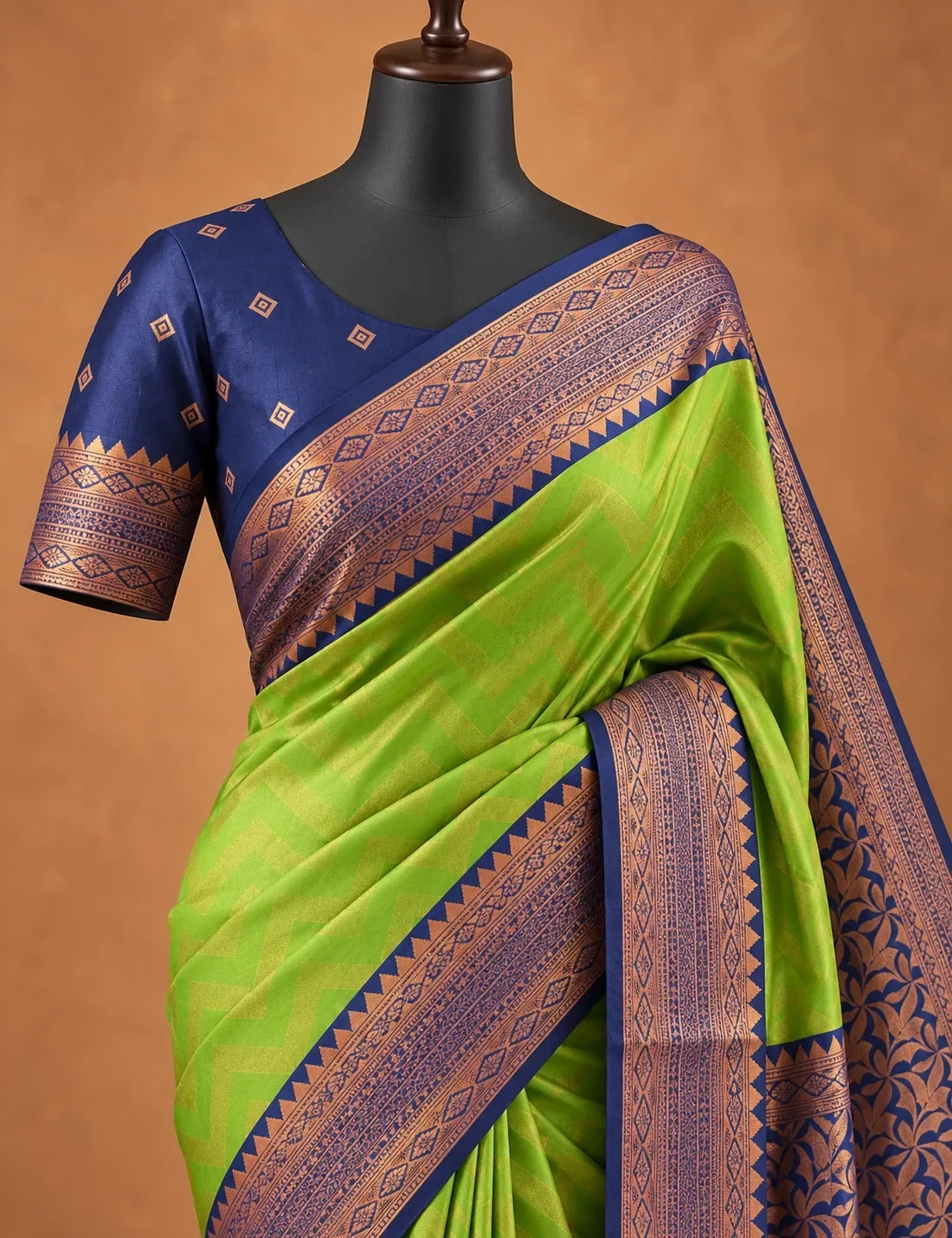 House Of Paramya navy blue and green semi Kanchipuram silk saree with woven leaf lattice and chevron pallu