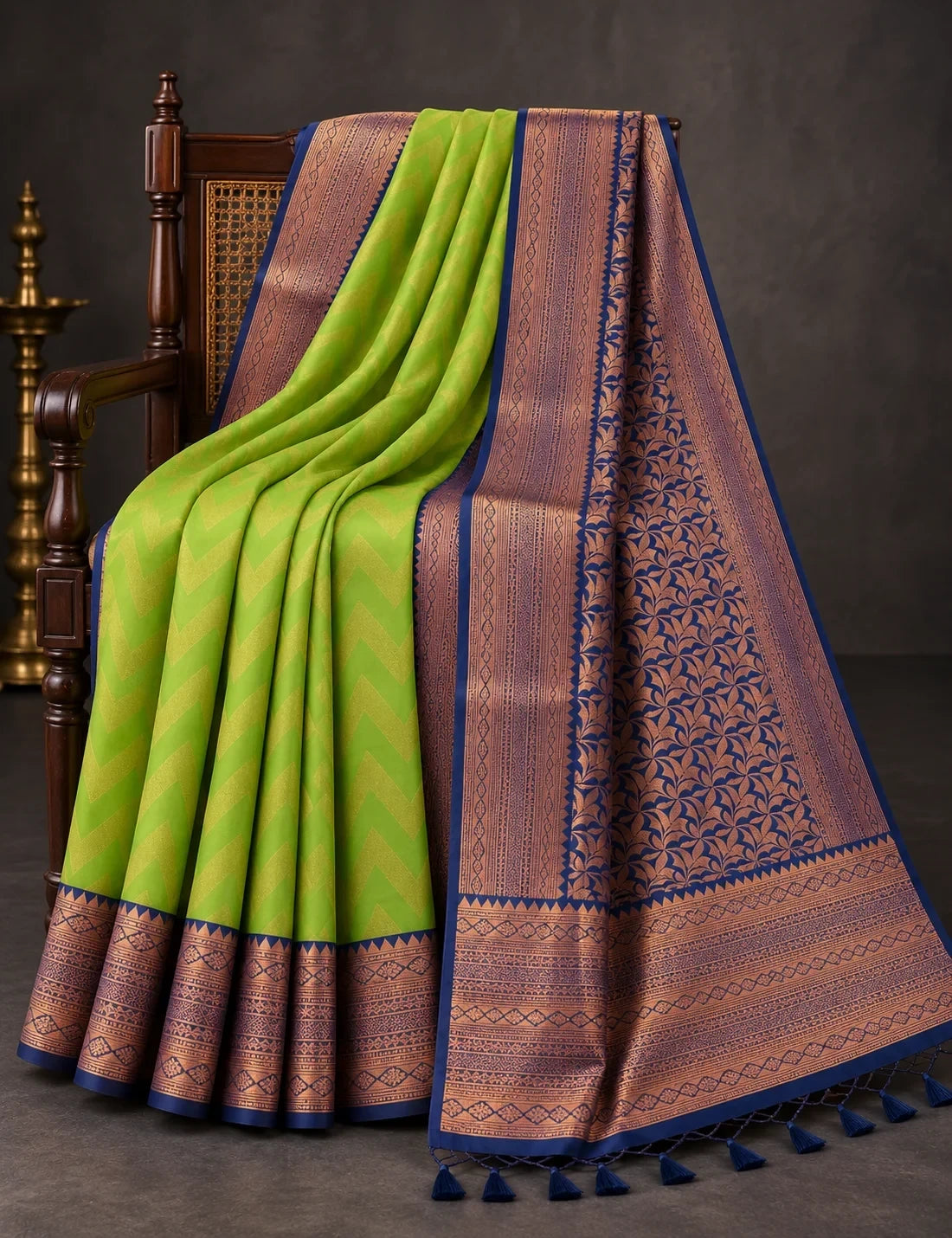 House Of Paramya navy blue and green semi Kanchipuram silk saree with woven leaf lattice and chevron pallu