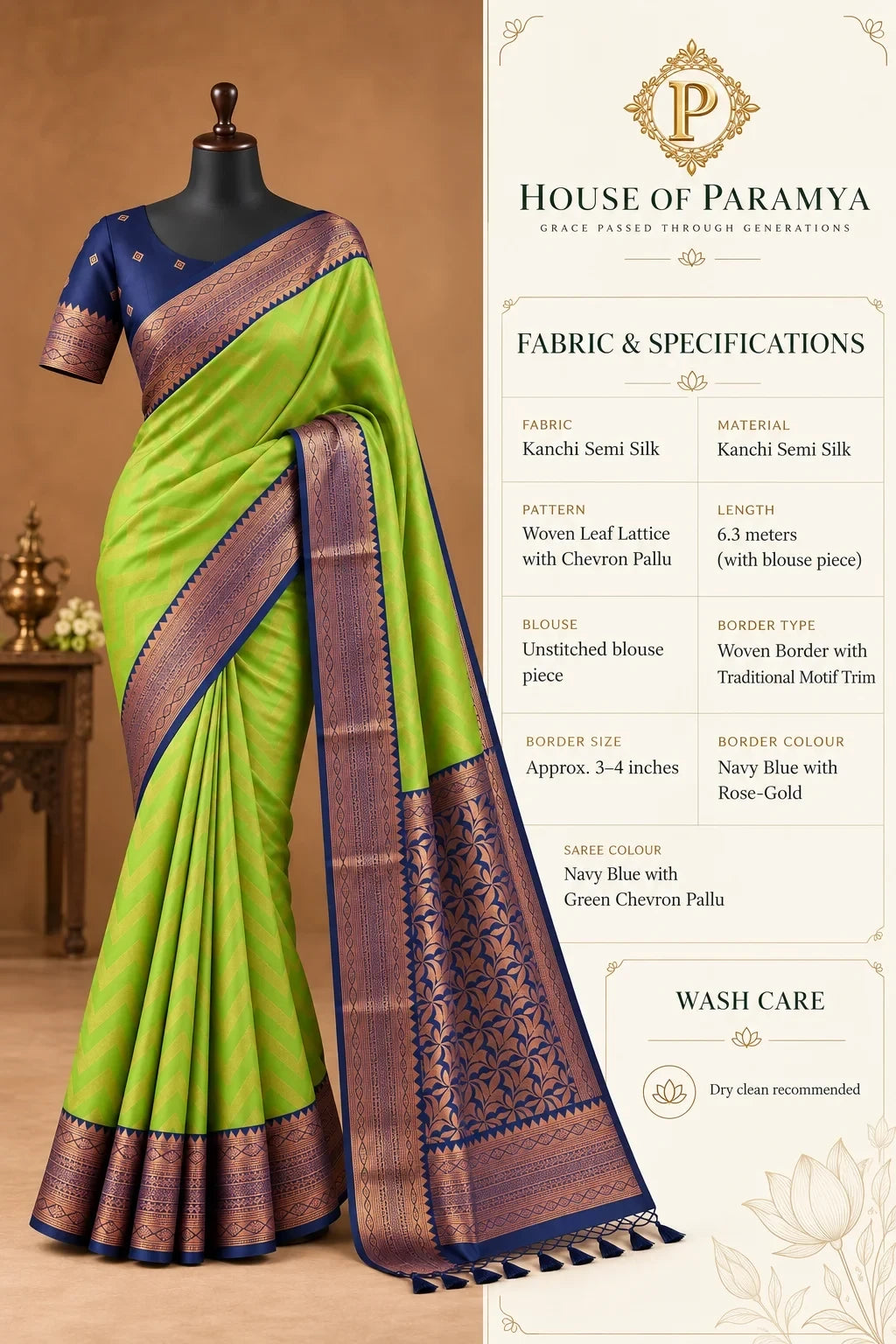 House Of Paramya navy blue and green semi Kanchipuram silk saree with woven leaf lattice and chevron pallu design.
