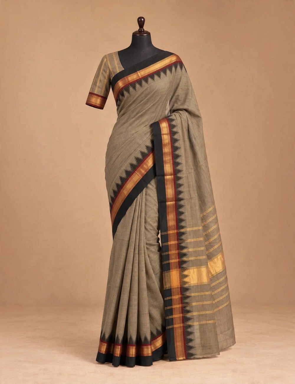 House Of Paramya khaki olive Chettinad cotton saree with a black temple border, gold zari band, and maroon accent.