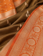 House Of Paramya olive gold tissue silk saree with shimmering nature-inspired motifs and a floral zari border