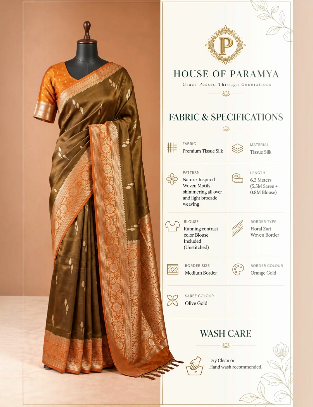 House Of Paramya olive gold tissue silk saree featuring nature-inspired woven motifs and a floral zari border