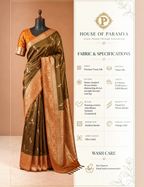 House Of Paramya olive gold tissue silk saree featuring nature-inspired woven motifs and a floral zari border