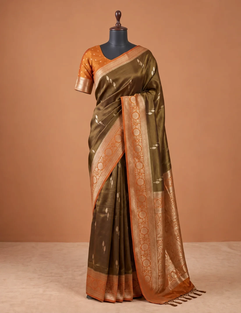 House Of Paramya olive gold tissue silk saree with floral zari border and nature-inspired woven motifs on a mannequin