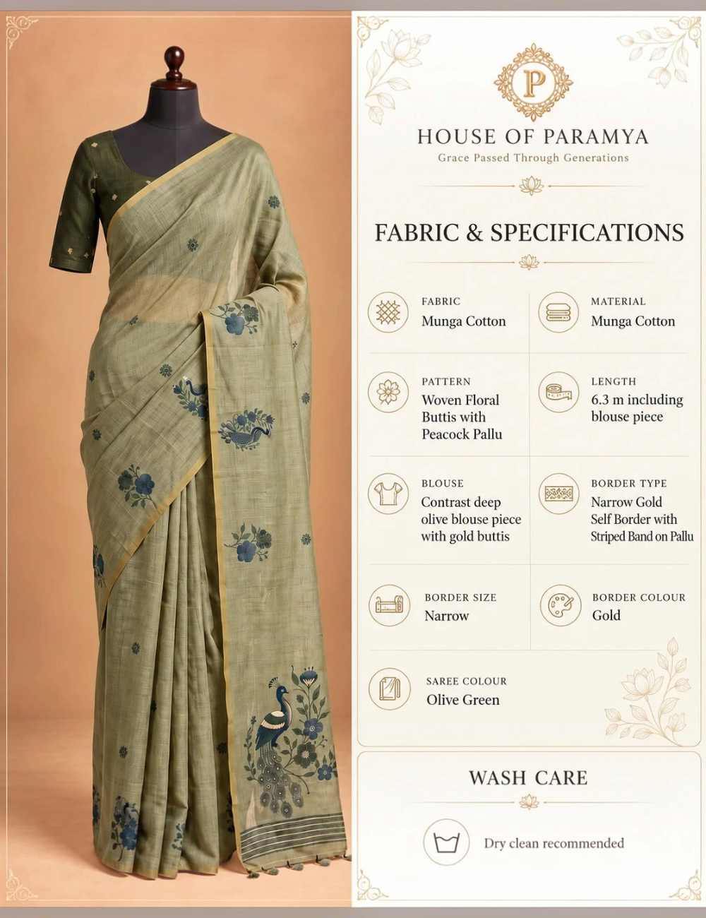 House Of Paramya olive green Munga cotton saree with blue floral buttis, peacock pallu, and gold border on mannequin.