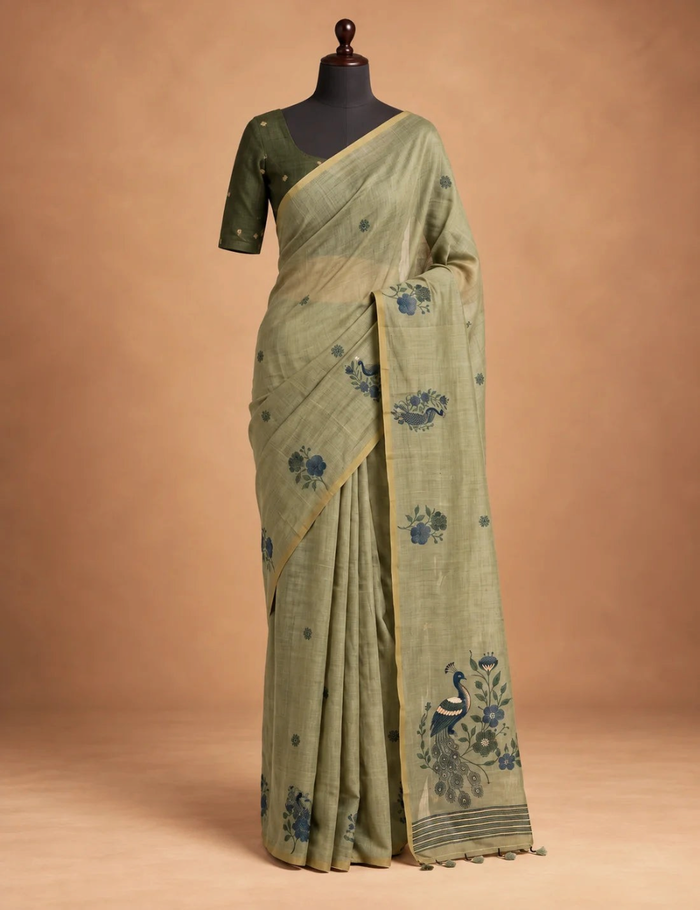 House Of Paramya olive green Munga cotton saree featuring woven blue floral buttis and a peacock motif pallu.