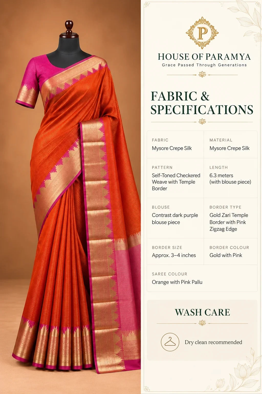 House Of Paramya orange Mysore crepe silk saree with gold zari temple border, pink zigzag edge, and pink pallu.