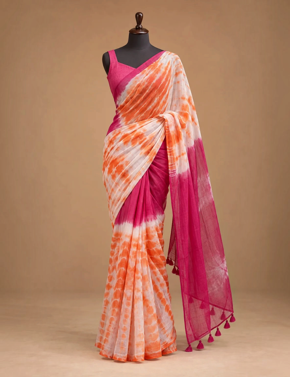 House Of Paramya linen cotton saree featuring orange and white shibori tie-dye print with magenta color-block border