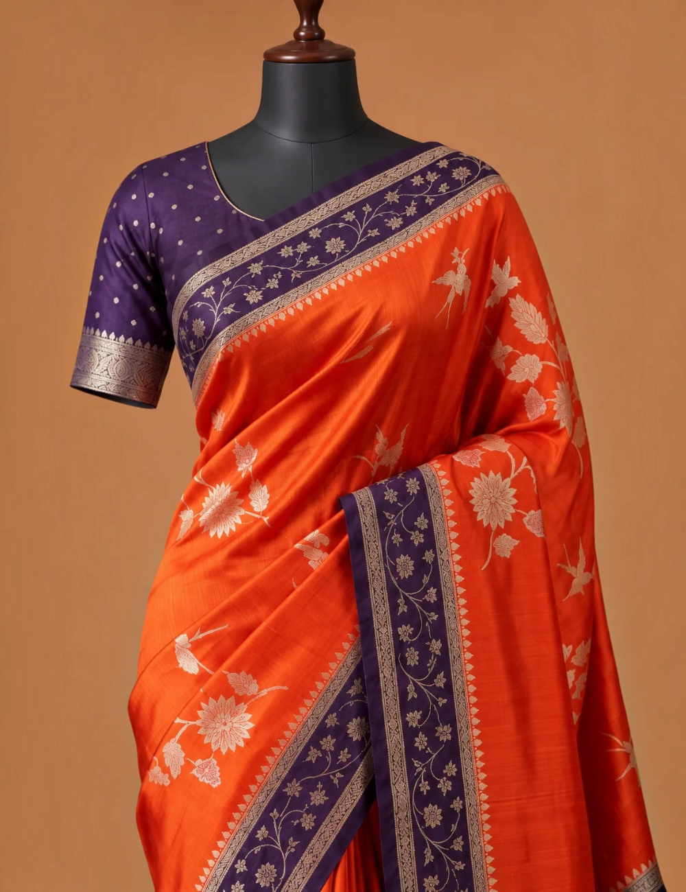 House Of Paramya orange and deep purple satin silk saree with woven Meenakari floral motifs and contrast zari border.