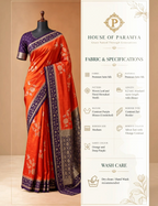 House Of Paramya orange and deep purple satin silk saree with woven floral Meenakari motifs and contrast zari border