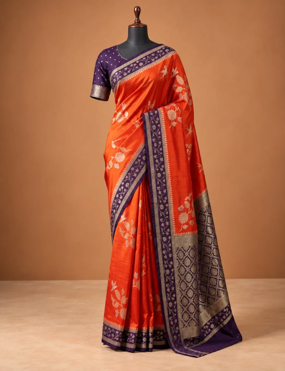 House Of Paramya orange and deep purple satin silk saree with woven Meenakari floral motifs and contrast zari border.