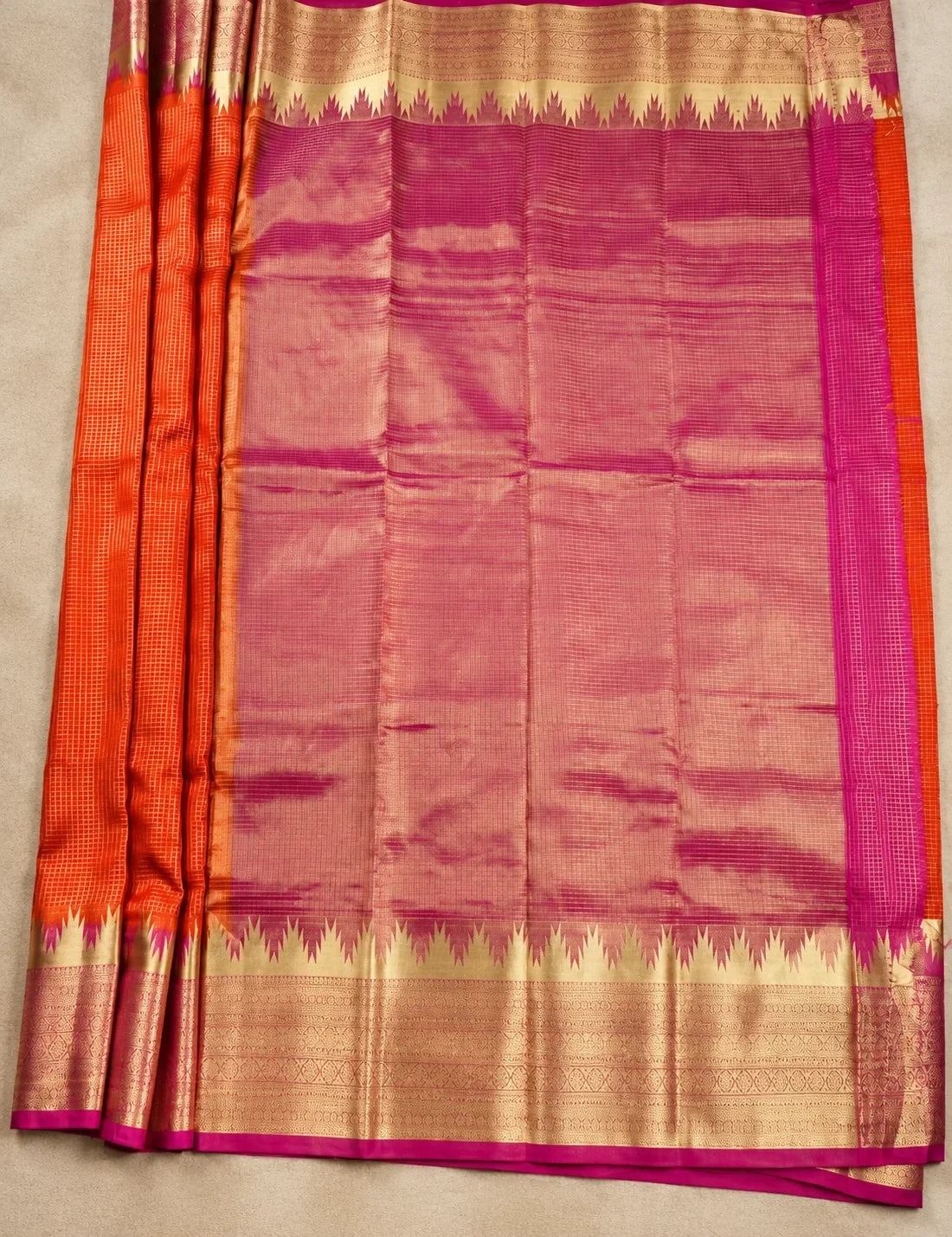 House Of Paramya orange Mysore crepe silk saree with gold zari temple border and contrasting pink pallu