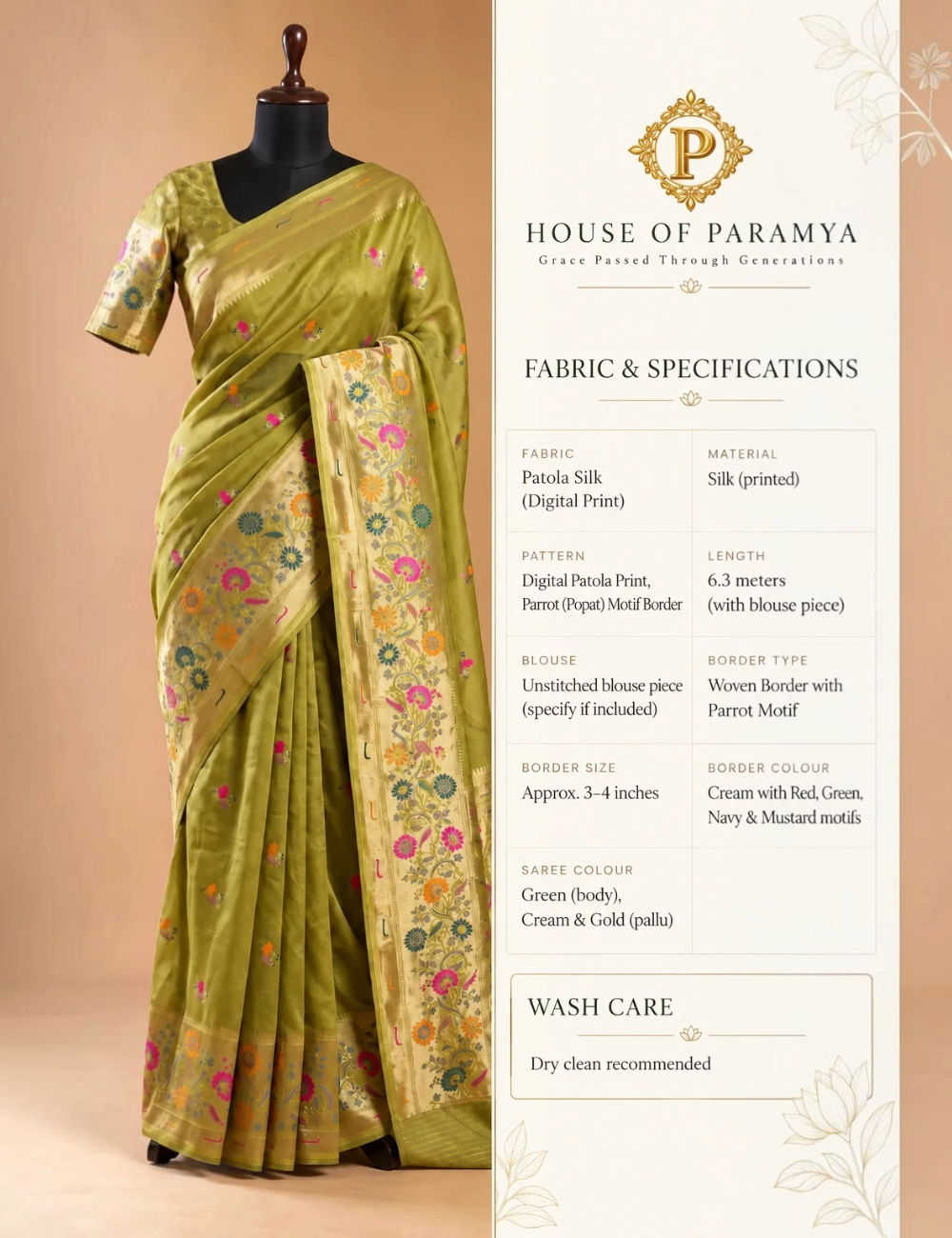 House Of Paramya parrot green Paithani silk saree with multicolor floral zari pallu and gold border on a mannequin