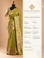 House Of Paramya parrot green Paithani silk saree with multicolor floral zari pallu and gold border on a mannequin