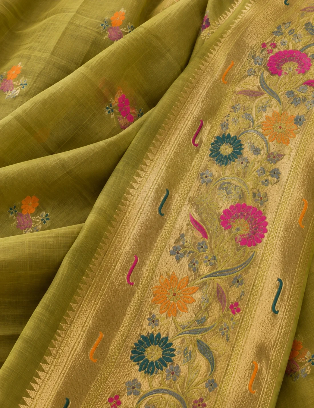 House Of Paramya parrot green Paithani silk saree featuring multicolor floral zari pallu and gold zari border.