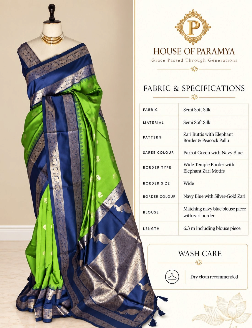House Of Paramya parrot green semi soft silk saree with navy blue elephant zari border and peacock pallu on mannequin