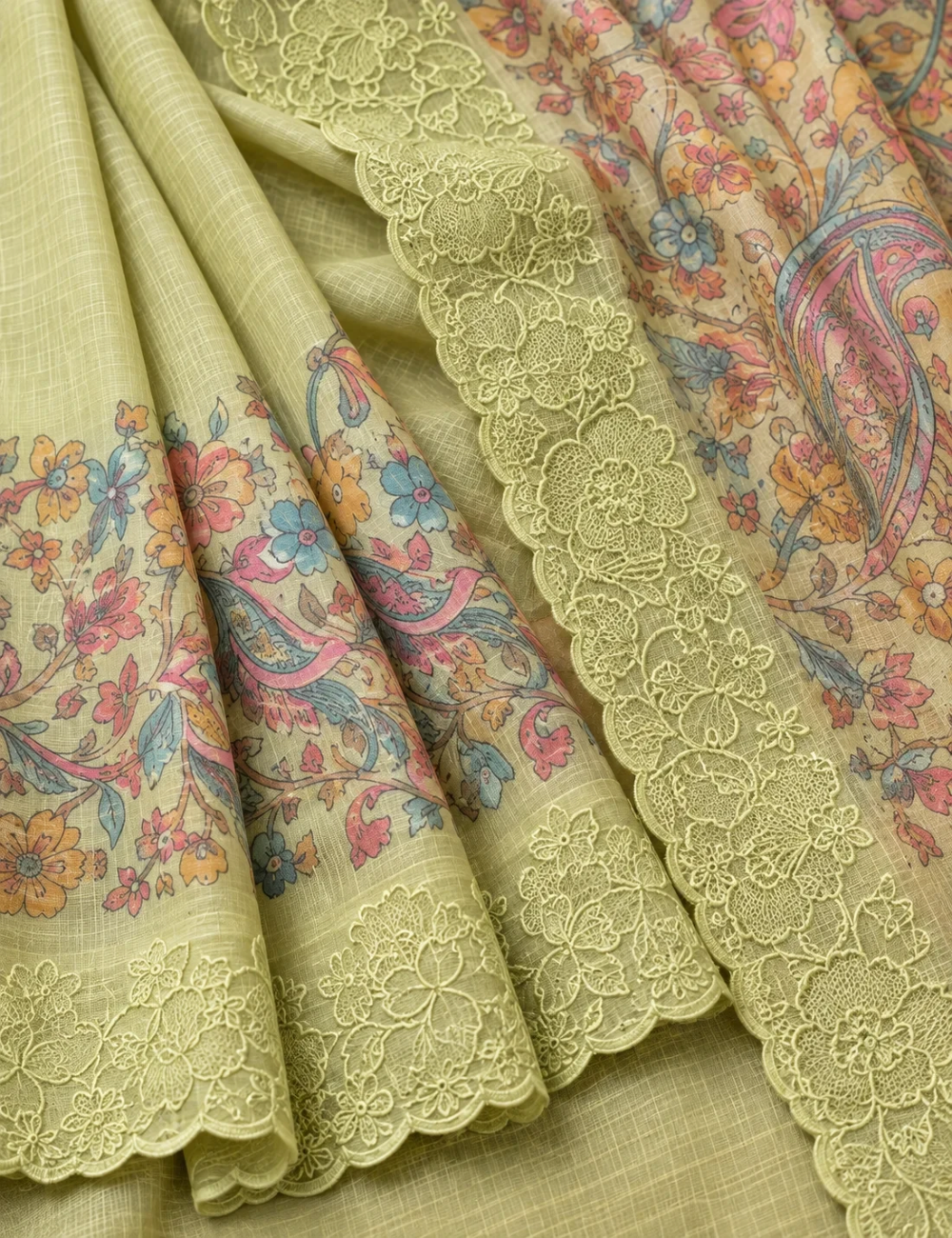 House Of Paramya pastel green Kota silk saree featuring digital multicolor floral print and scalloped lace border