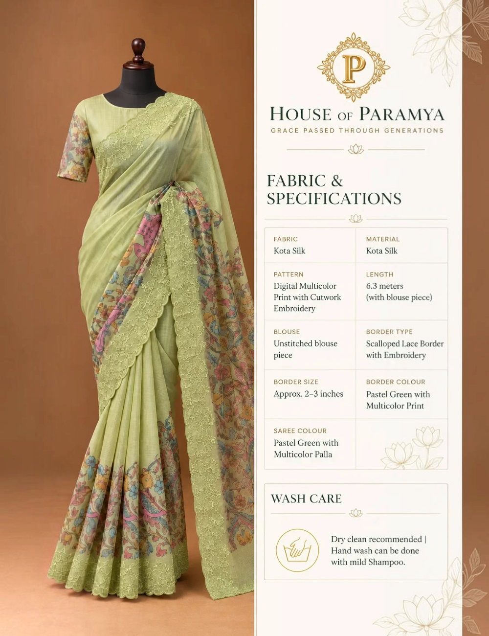 House Of Paramya pastel green Kota silk saree with digital multicolor print, cutwork embroidery, and scalloped lace.
