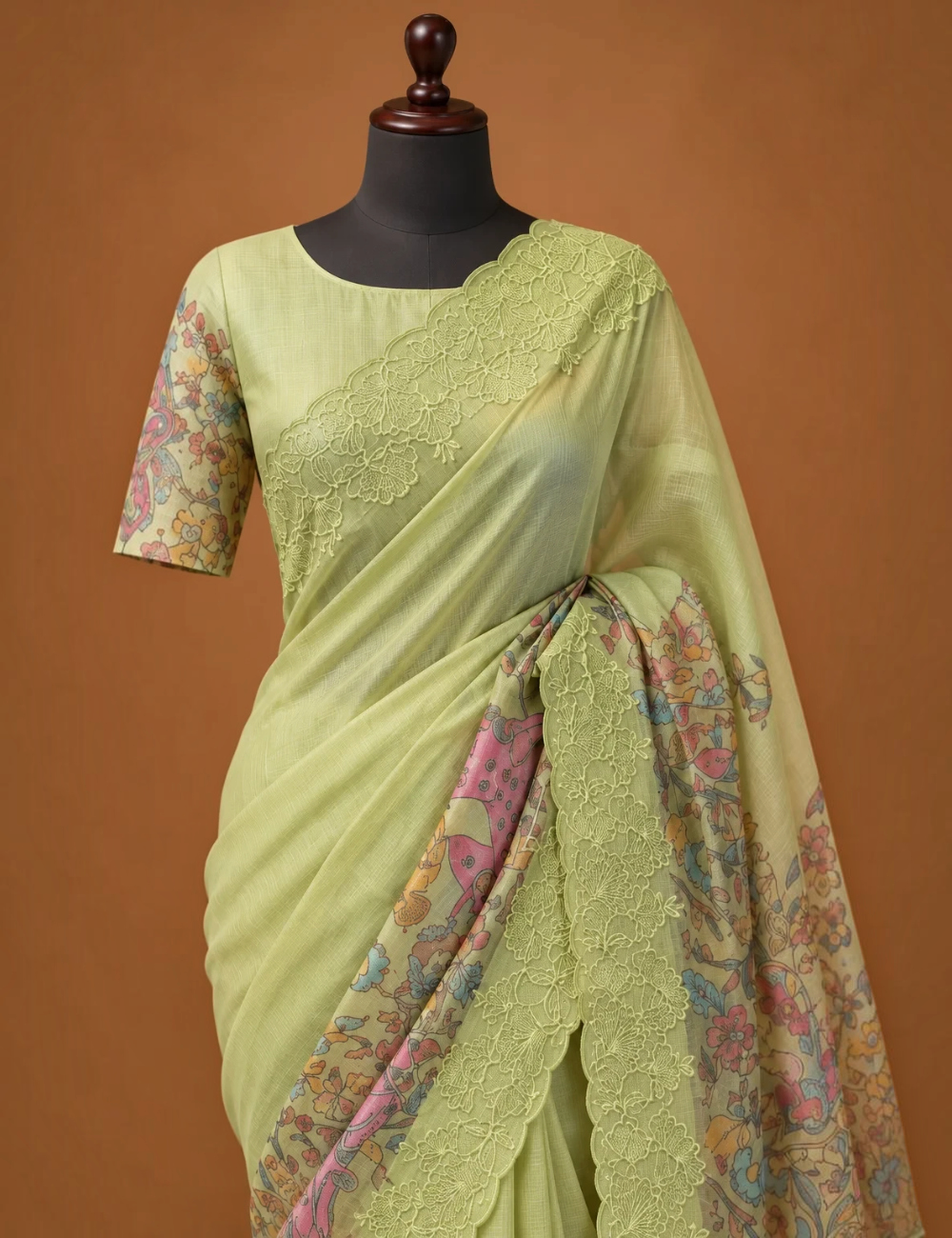 House Of Paramya pastel green Kota silk saree featuring a digital multicolor print and scalloped lace border.