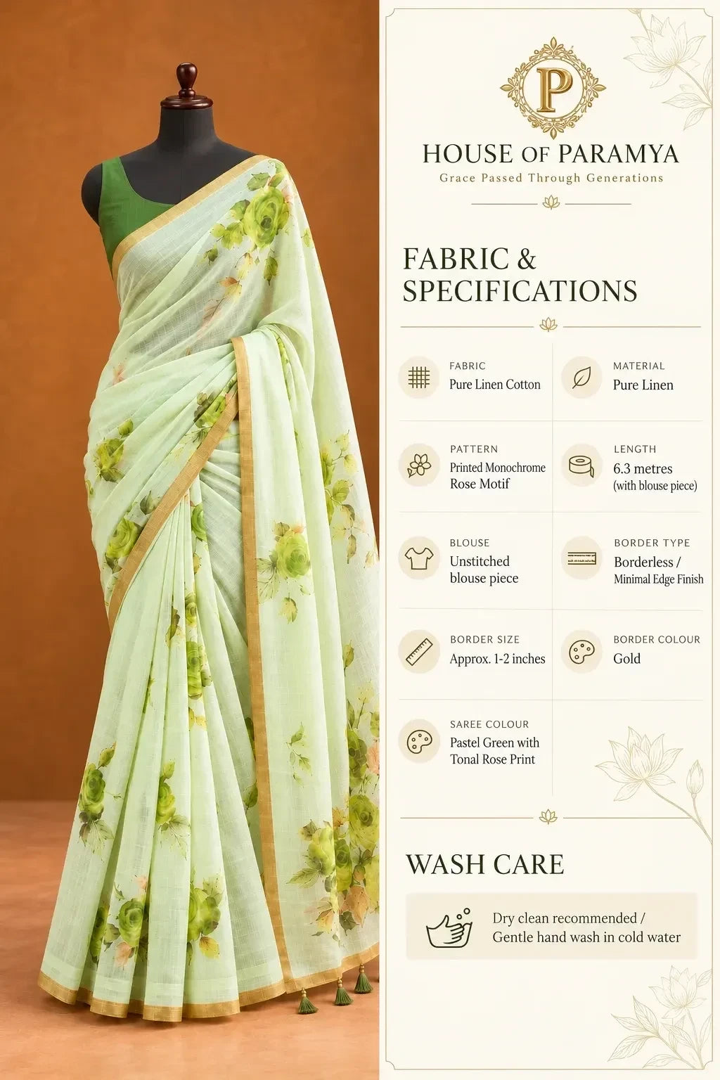House Of Paramya pastel green linen cotton saree featuring a tonal monochrome rose print and a minimal gold border.