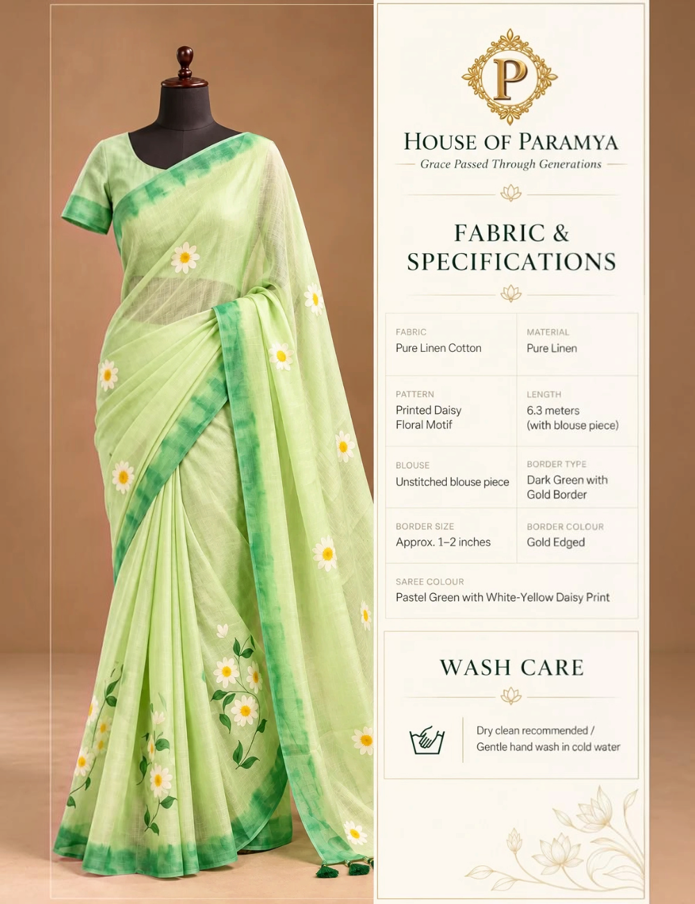 House Of Paramya pastel green linen cotton saree featuring a white and yellow daisy print and dark green gold border.