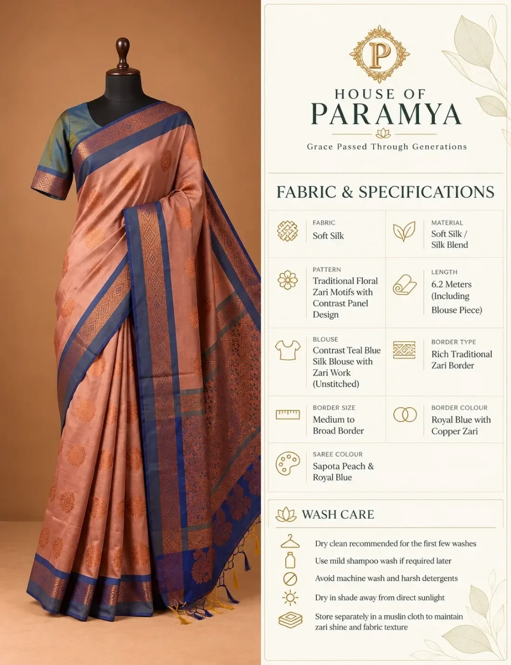 House Of Paramya soft silk saree in sapota peach with royal blue border, copper zari floral motifs, and teal blouse.
