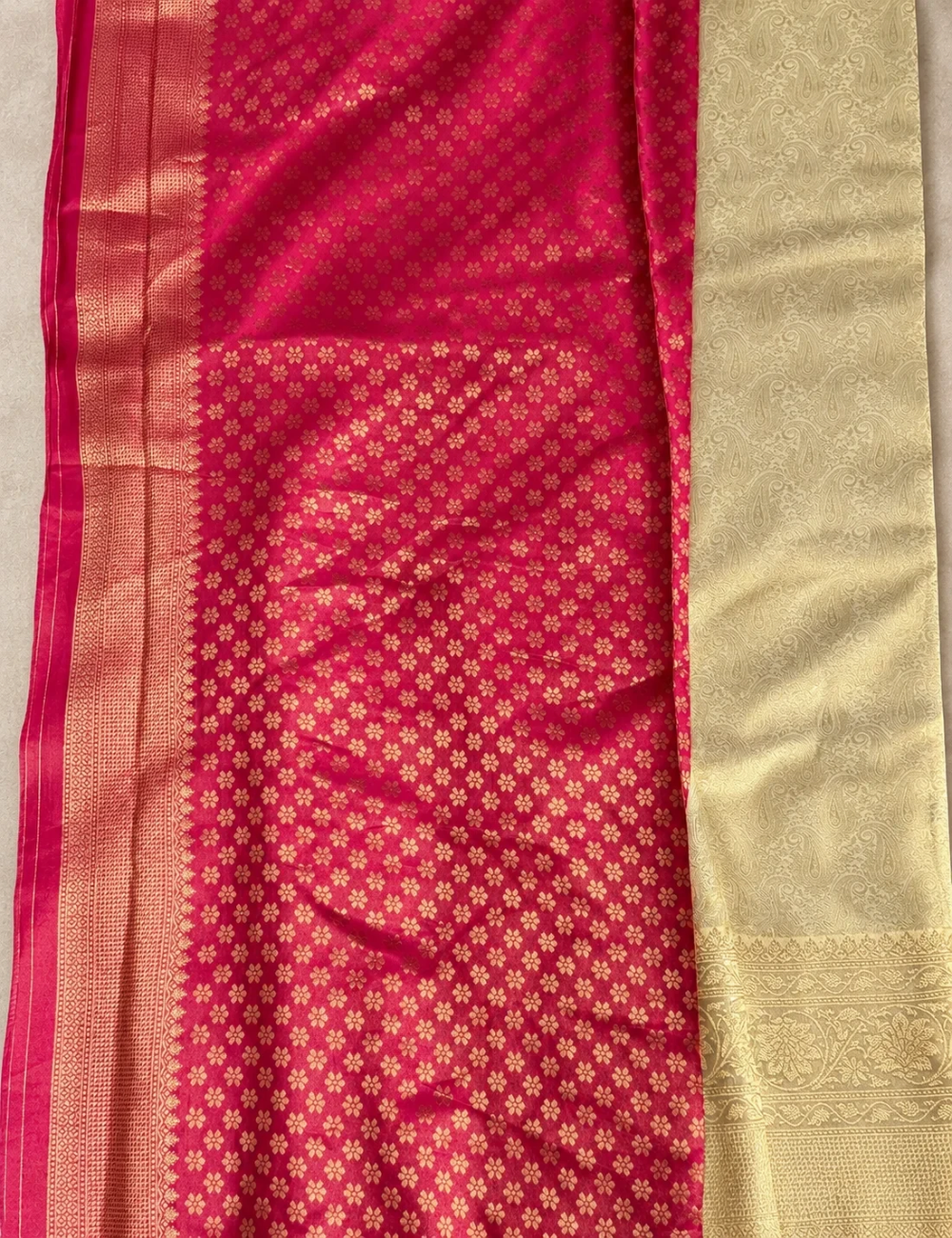 House Of Paramya vegan viscose silk saree in vibrant pink with gold Kanchipuram-style brocade weave and woven border.