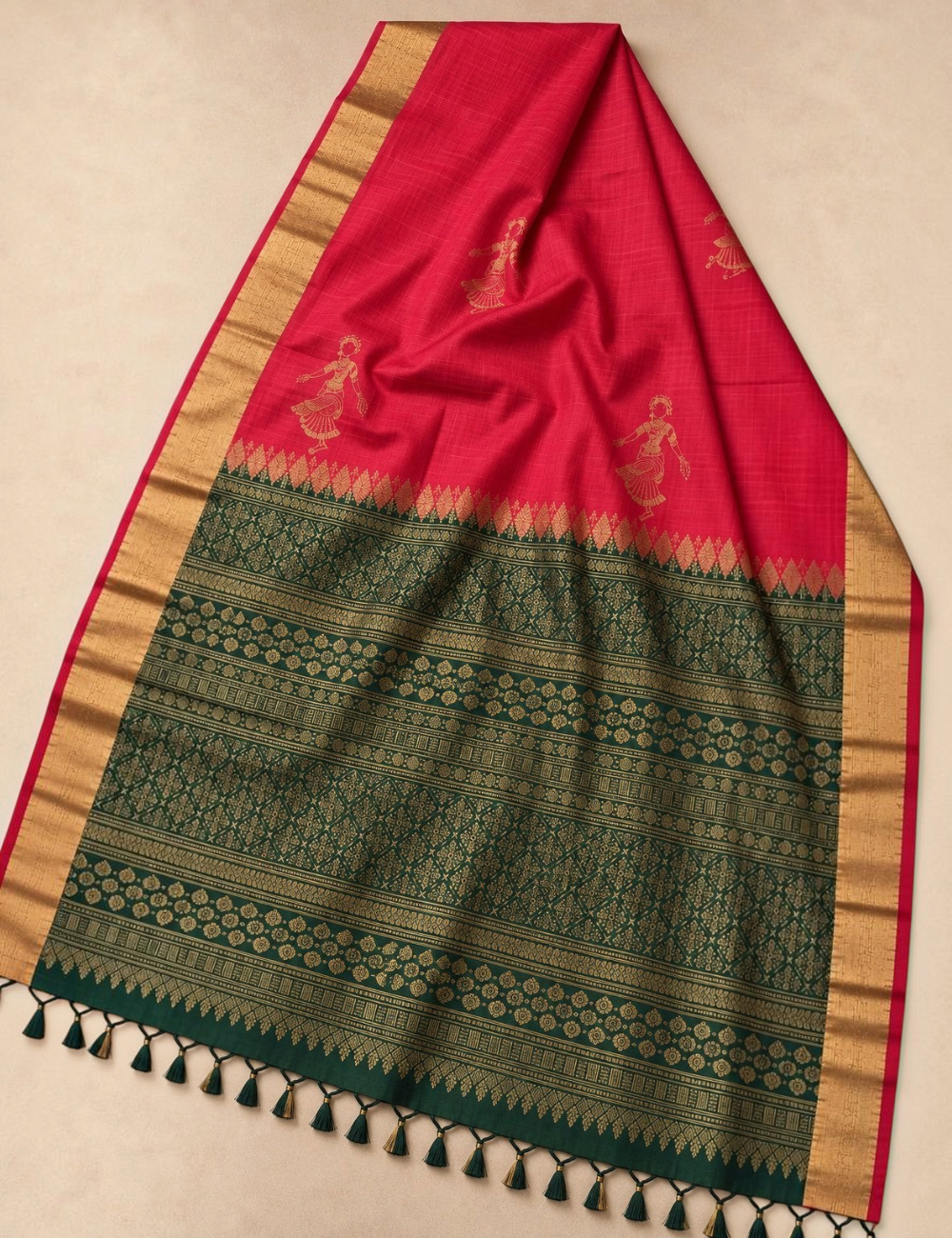 House Of Paramya rani pink Kanchipuram silk saree with emerald green zari border and traditional gold motifs