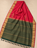 House Of Paramya rani pink Kanchipuram silk saree with emerald green zari border and traditional gold motifs