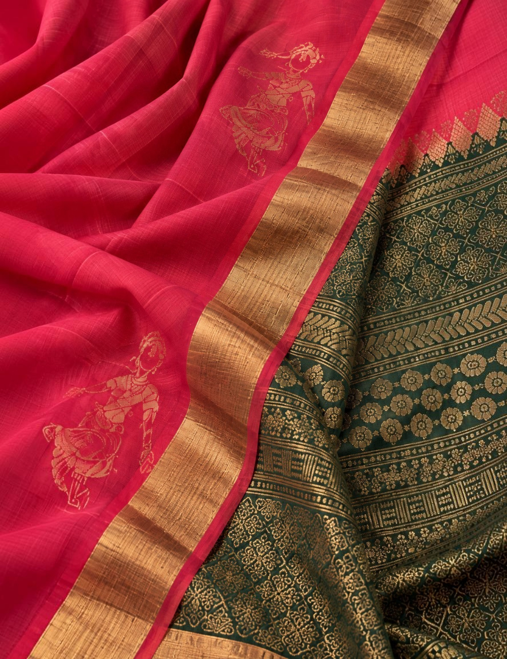 House Of Paramya rani pink Kanchipuram silk saree with emerald green zari border and traditional gold woven motifs