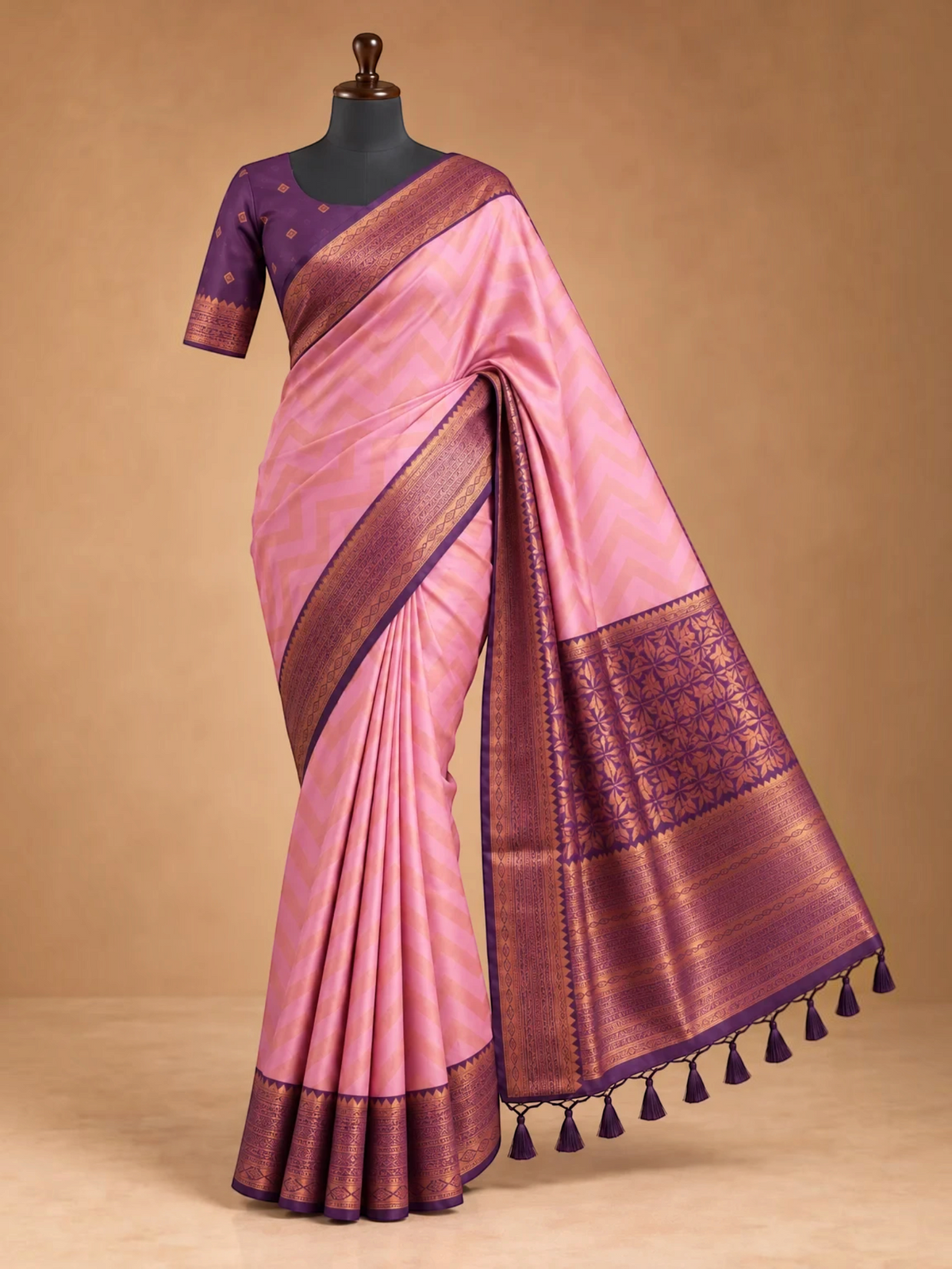 House Of Paramya pink semi Kanchipuram silk saree with woven chevron pattern and purple-maroon leaf motif border