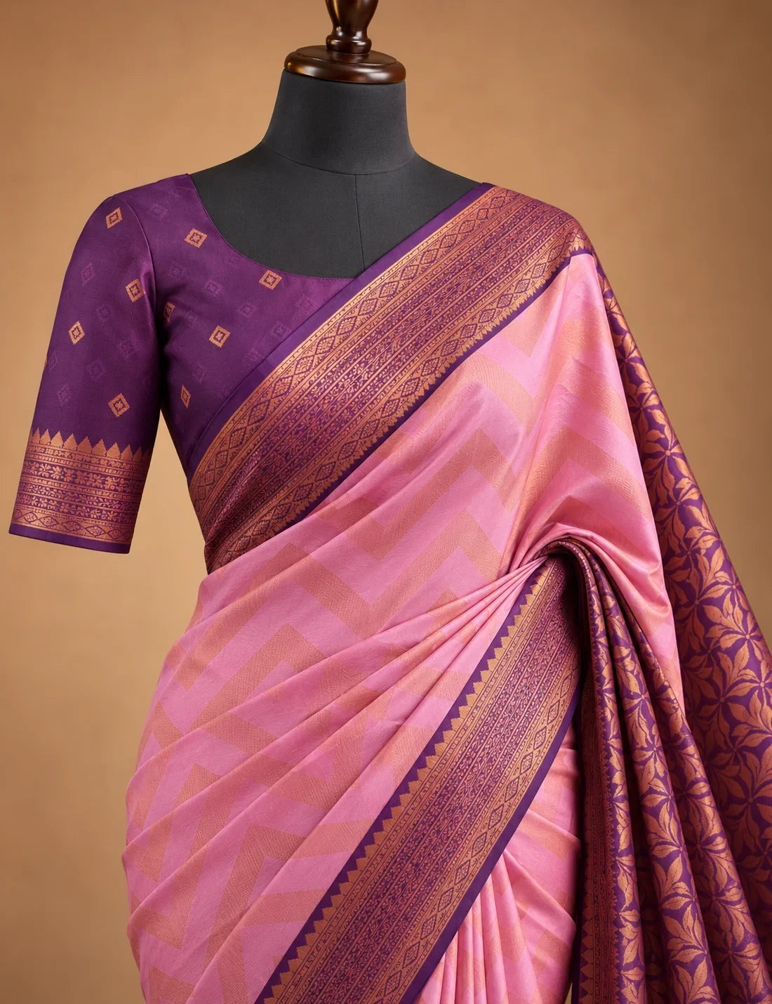 House Of Paramya pink semi Kanchipuram silk saree with woven chevron pattern and purple-maroon leaf motif border
