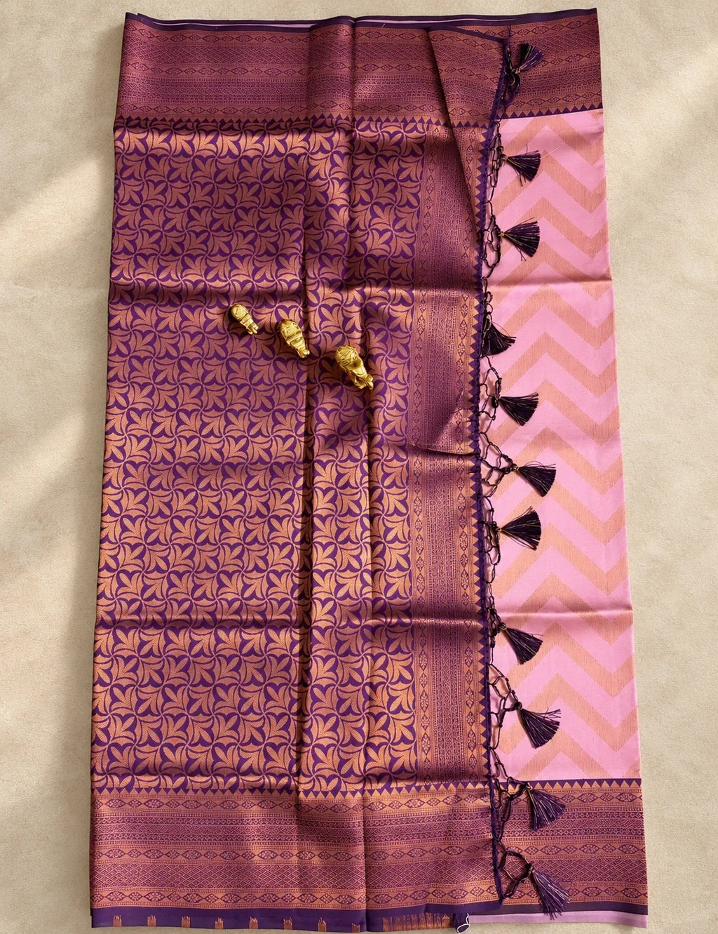 House Of Paramya pink semi Kanchipuram silk saree with woven chevron pattern and purple-maroon leaf motif border.