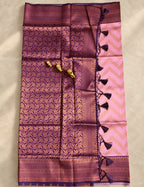 House Of Paramya pink semi Kanchipuram silk saree with woven chevron pattern and purple-maroon leaf motif border.