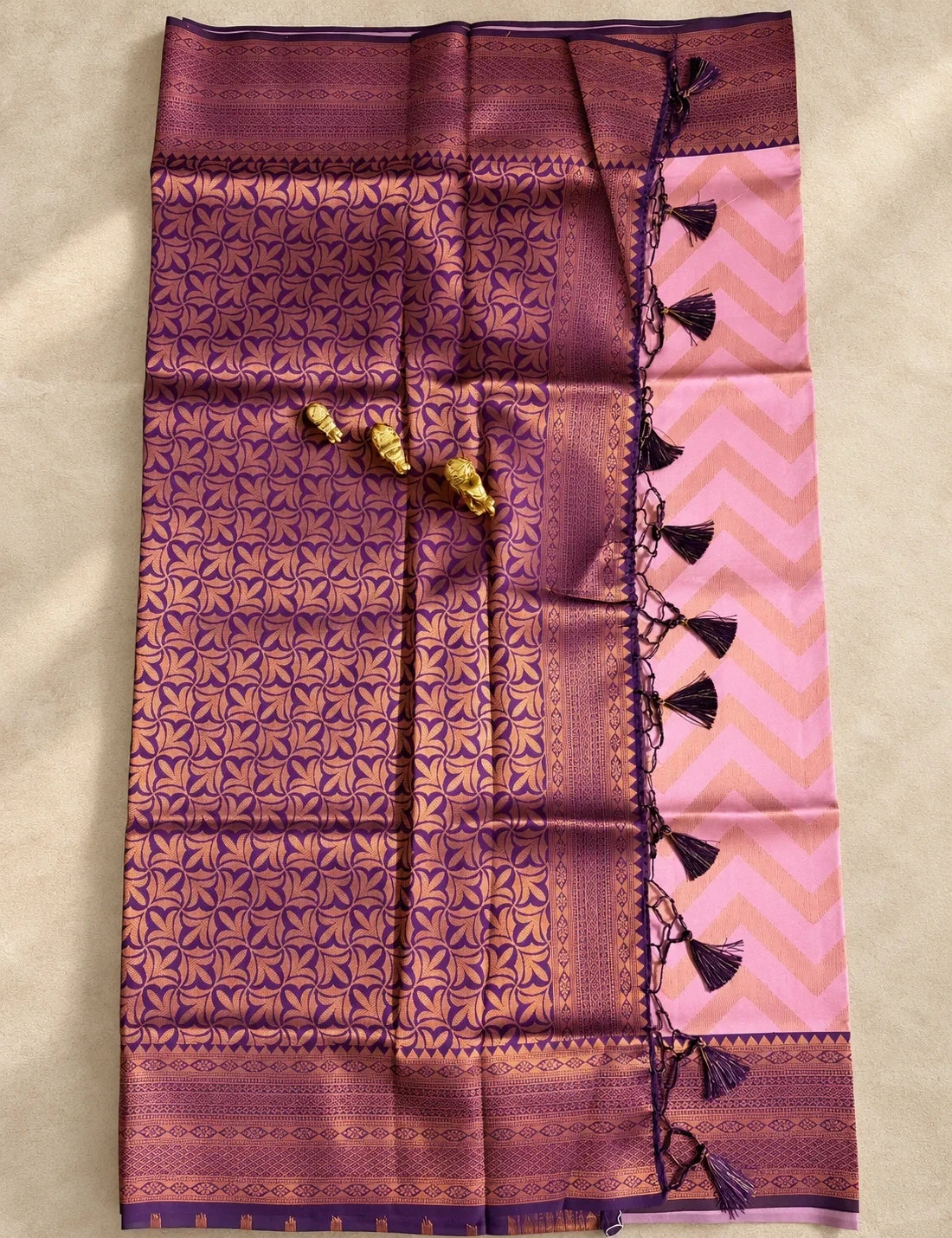 House Of Paramya pink semi Kanchipuram silk saree with woven chevron pattern and purple-maroon leaf motif border.