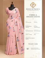 House Of Paramya powder pink linen cotton saree featuring a whimsical doll print and an elegant gold striped border.