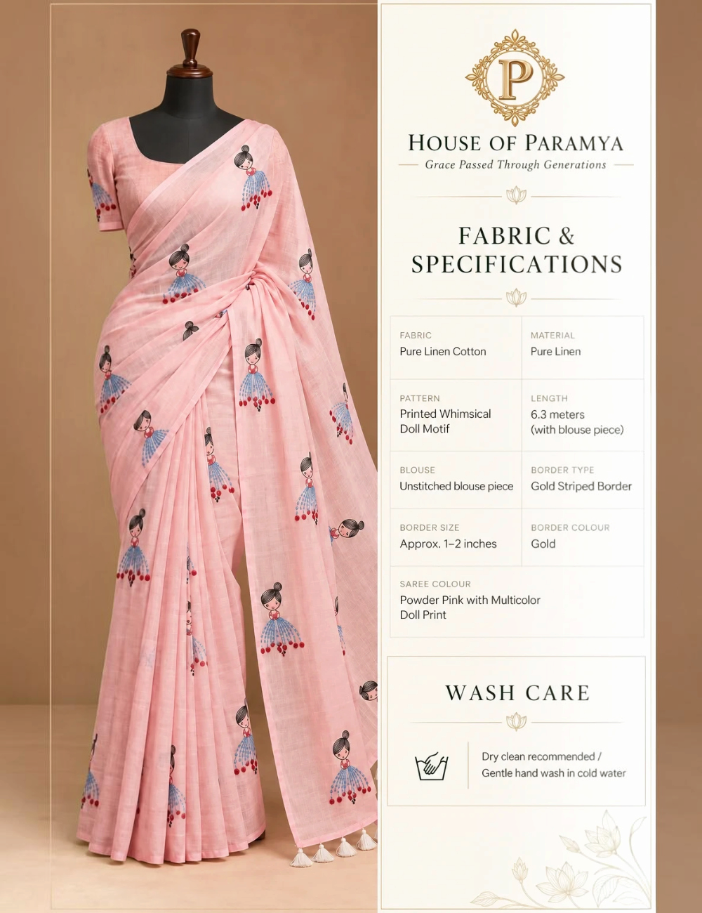 House Of Paramya powder pink linen cotton saree featuring a whimsical doll print and an elegant gold striped border.