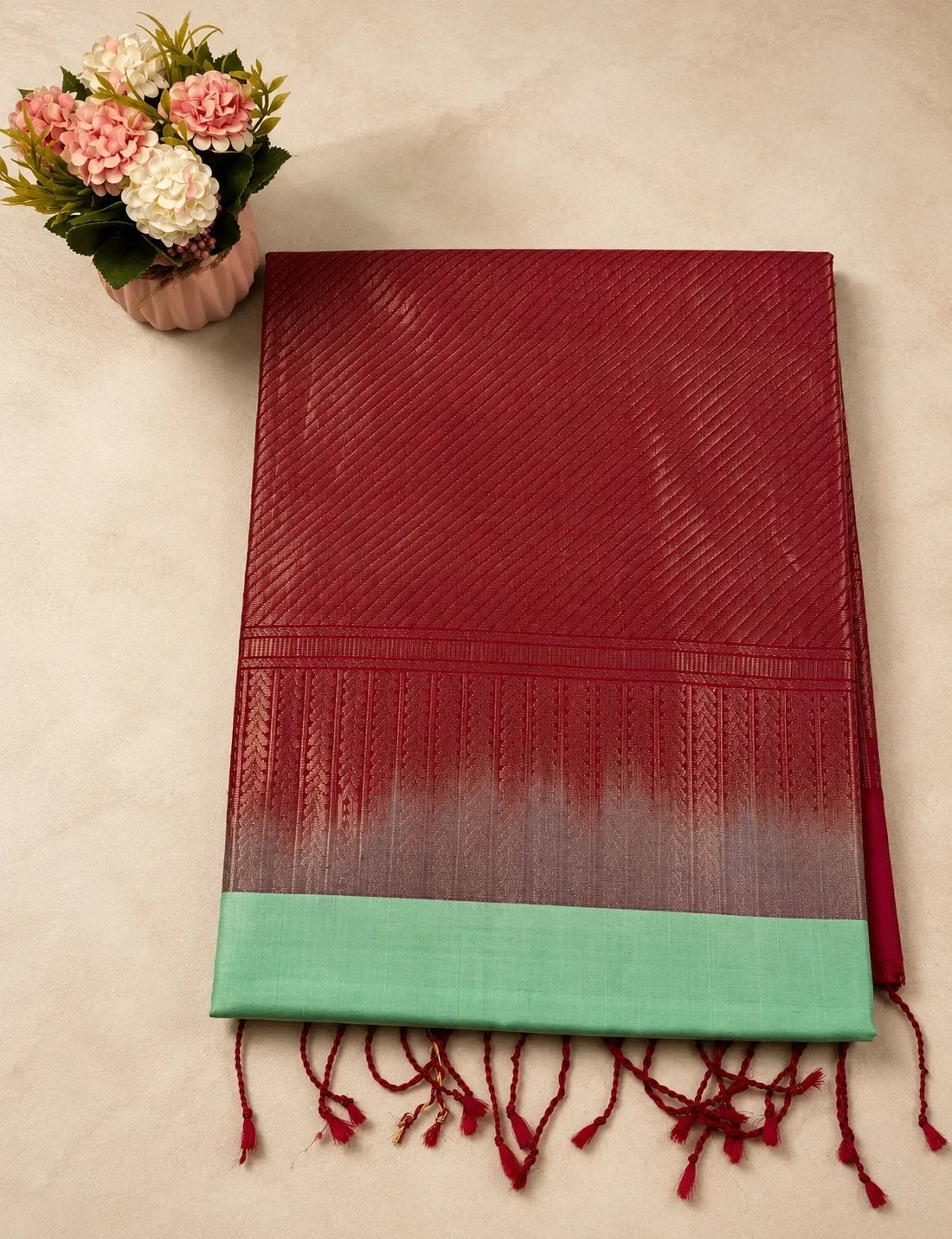 House Of Paramya Kanchipuram silk saree with a deep rani pink body and a mint green border featuring zari weave