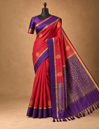 House Of Paramya pink Kanchipuram silk saree with purple zari border and intricate gold floral motifs on a mannequin