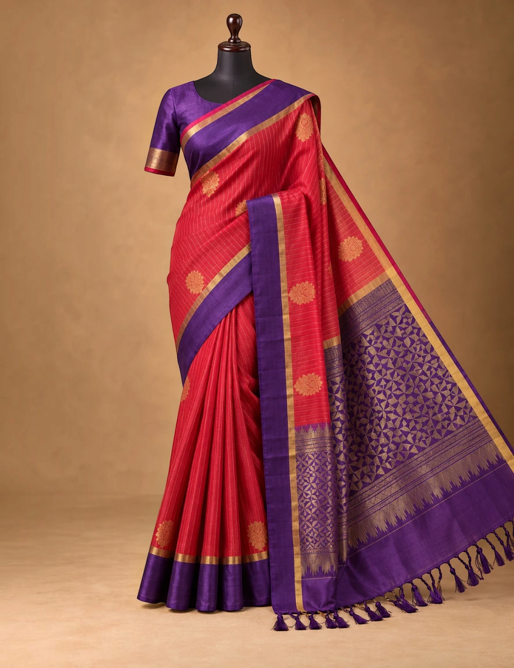 House Of Paramya pink Kanchipuram silk saree with purple zari border and intricate gold floral motifs on a mannequin